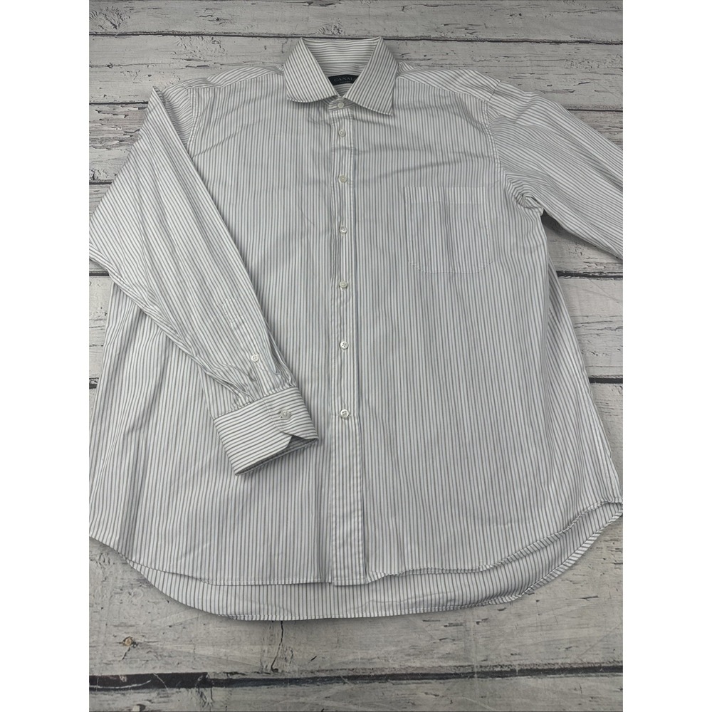Canali Shirt Mens 44 17.5 White with Stripes Button Front Long Sleeve Italy